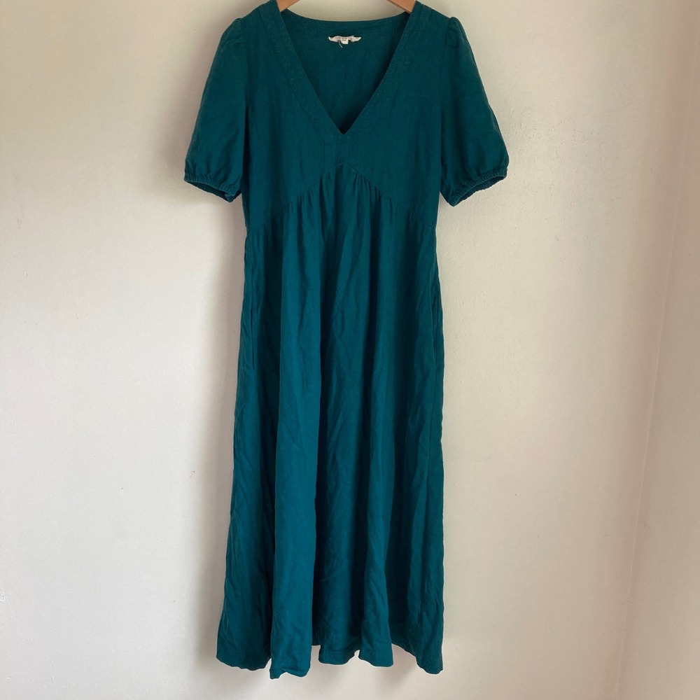 FatFace Dark Teal Linen Blend V-Neck Puff Sleeve Midi Dress US 2R